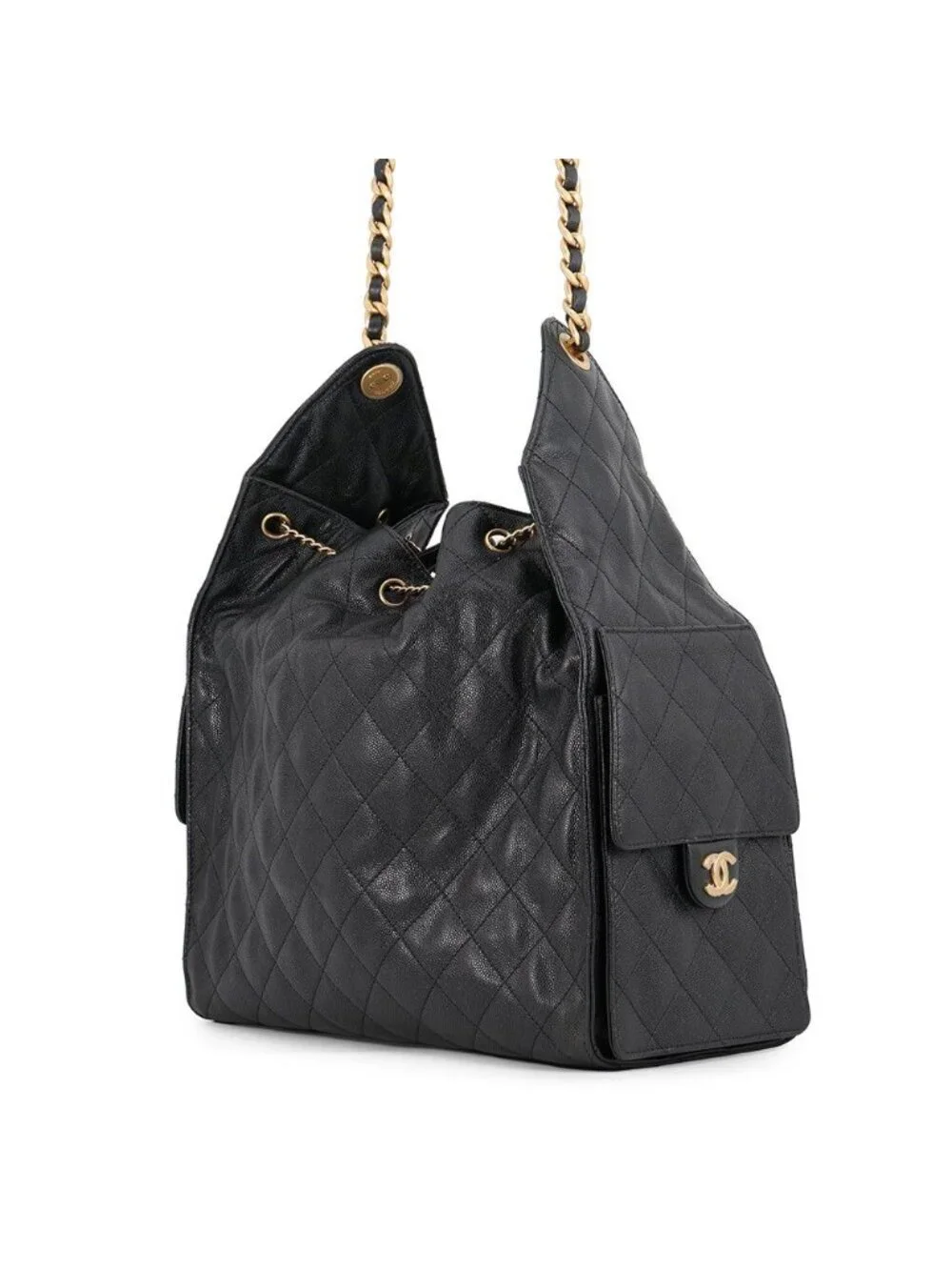 Chanel Chain Shoulder Bag 25 CC Logo Quilted Caviar Leather Black